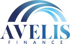 Logo d'Avelis Finance sur dégradés de bleus